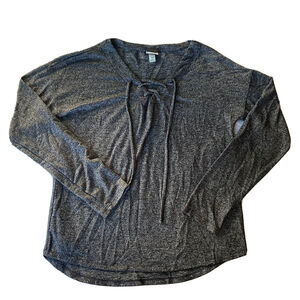 A New Day Top Sz XS Light Grey Tie Front Heathered Knit Shirt Black Grey Casual